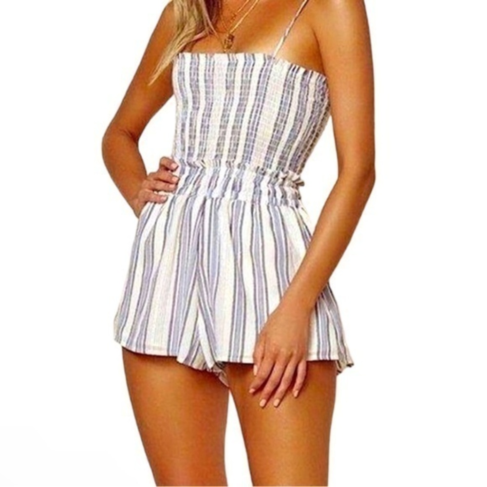 Blue Life Striped Smocked Romper in White and Blue